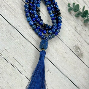 Lapis Lazuli Mala Necklace: Blue Tiger Eye Prayer Beads