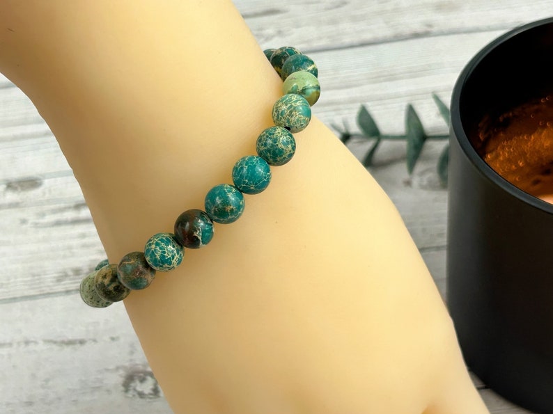 Teal Green Jasper Bracelet, Green Beaded Bracelet, Gemstone Bracelet, Birthday Gift for Her, Gift for Him image 5