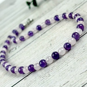 Amethyst Rose Quartz Beaded Necklace: Calming Spiritual Jewelry