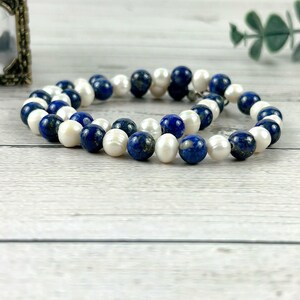 Lapis Lazuli Beaded Necklace: Freshwater Pearl Gemstone Choker