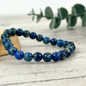 Blue Jasper Gemstone Bracelet: Handmade Beaded Stretch Cord Jewelry