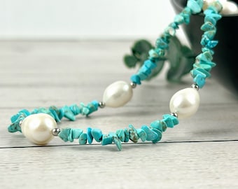Turquoise Chip & Baroque Pearl Necklace - Boho Choker