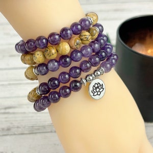 108 Mala Beads Necklace, Picture Jasper Necklace, Japa Mala, Prayer Beads, 108 Mala Beads Bracelet, Amethyst Mala, Meditation Necklace