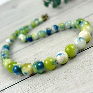 Green & Blue Persian Jade Beaded Necklace: Natural Gemstone Jewelry