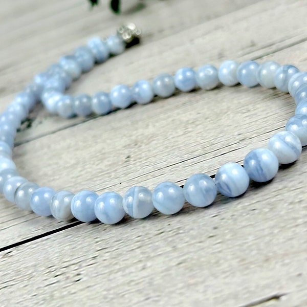 Blue Lace Agate Necklace, Stress Relief Beaded Necklace, Anxiety Relief, Natural Stones Jewelry, Healing Gemstone Necklace, Handmade Jewelry