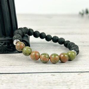 Essential Oil Bracelet, Diffuser Bracelet, Aromatherapy Bracelet, Unakite Bracelet, Stretch Bracelet, Handmade Bracelet, Black Lava Rock