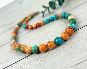 Imperial Jasper Beaded Necklace: Multicolor Gemstone Jewelry Gift