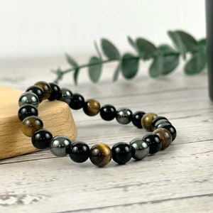 Triple Protection Gemstone Bracelet: Tiger Eye, Black Obsidian, Hematite