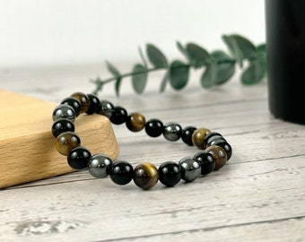 Triple Protection Gemstone Bracelet: Tiger Eye, Black Obsidian, Hematite