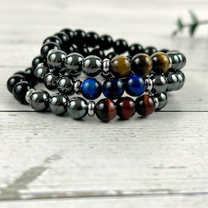 Triple Protection Bracelet Set: Tiger Eye, Black Obsidian, Hematite Gemstone