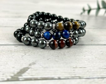 Triple Protection Bracelet Set: Tiger Eye, Black Obsidian, Hematite Gemstone