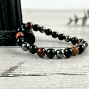 Triple Protection Gemstone Bracelet: Red Tiger Eye, Black Obsidian, Hematite