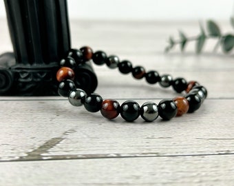 Triple Protection Bracelet, Red Tiger Eye Bracelet, Black Obsidian, Gemstone Bracelet, Hematite Bracelet, Birthday Gift for Her,Gift for Him