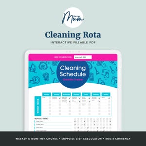Puede incluir: Un modelo de lista de verificación de planificación de limpieza imprimible con un diseño azul y blanco. La lista de verificación incluye tareas semanales y mensuales, una calculadora de lista de suministros y soporte para múltiples monedas. El título de la lista de verificación es "Cleaning Schedule Checklist Tracker".