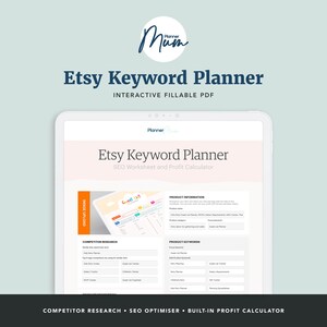May include: A digital Etsy Keyword Planner worksheet and profit calculator. The worksheet is designed to help Etsy sellers find the best keywords for their listings. The worksheet includes sections for competitor research, product information, and product keywords. The worksheet is interactive and fillable.
