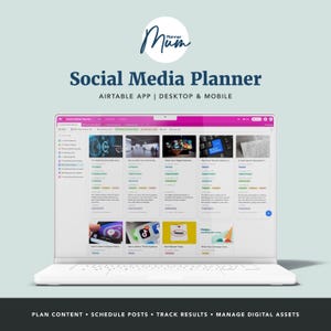 May include: A laptop computer displaying a social media planner app with a pink and white color scheme. The app is called "Planner Mum" and features a grid of content ideas for social media posts. The text on the screen reads "Social Media Planner" and "Airtable App | Desktop & Mobile". The text at the bottom of the image reads "PLAN CONTENT SCHEDULE POSTS TRACK RESULTS MANAGE DIGITAL ASSETS".