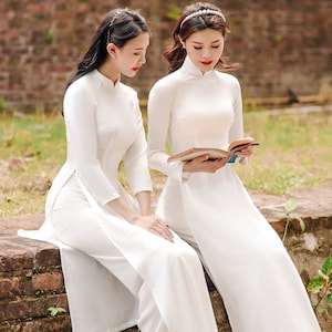 High quality Vietnamese Ao dai white, special Vietnamese Ao Dai trang, include pants image 1