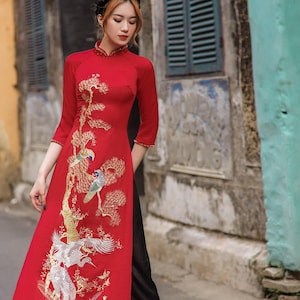 Wedding ao dai, High quality Ao dai Vietnam, handmade Vietnamese traditional costume include pants image 1