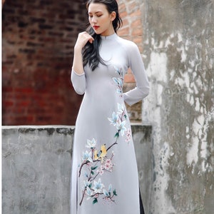 Hand-painted Ao Dai Vietnam, High quality Vietnamese traditional costume, Vietnamese traditional clothing include pants Light Grey
