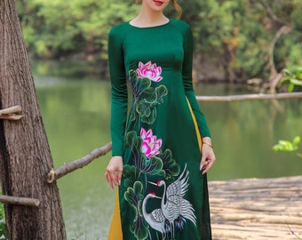 Hand-painted Ao Dai Vietnam, High quality Vietnamese Ao dai, Vietnamese traditional clothing include pants