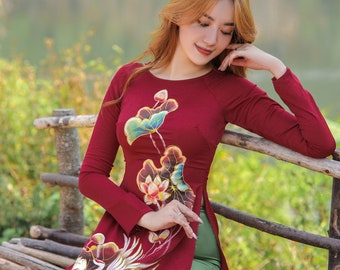 Hand-painted Ao Dai Vietnam, High quality Vietnamese traditional costume, Vietnamese traditional clothing include pants