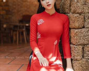 hand embroidered Ao dai Vietnam, High quality Vietnamese traditional costume, Vietnamese traditional clothing, include pants