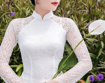 High quality Vietnamese white lace Ao dai , special Vietnamese Ao Dai trang, include pants