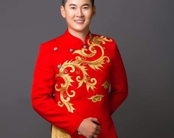 Red Ao dai Vietnam for men, High quality hand-drawn Vietnamese traditional costume, Vietnamese traditional clothing