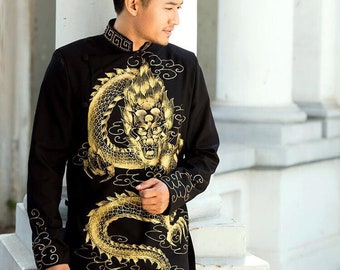 Black Ao dai Vietnam for men, Men's Ao dai with dragon drawing, Vietnamese traditional clothing