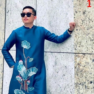 Blue Ao dai Vietnam for men, High quality hand-drawn/ embroidered Vietnamese traditional costume, Vietnamese traditional clothing