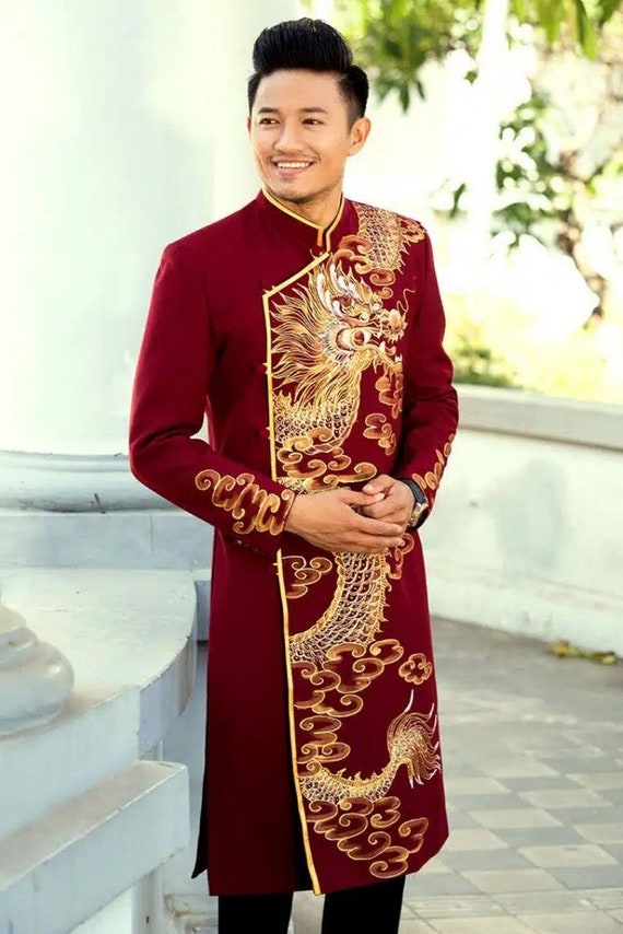 Red Ao Dai Vietnam for Men, Dragon Hand-drawn Vietnamese