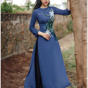 Hand-painted Ao Dai Vietnam, High quality Vietnamese traditional costume, Vietnamese traditional clothing include pants Blue