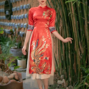 Vietnamese modern ao dai , High quality Vietnamese traditional costume, Vietnamese traditional clothing, include skirts. image 4