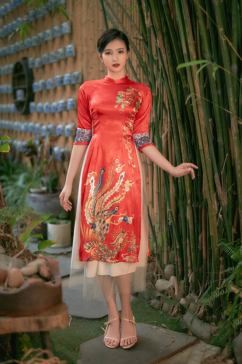 Vietnamese modern ao dai , High quality Vietnamese traditional costume, Vietnamese traditional clothing, include skirts. image 4