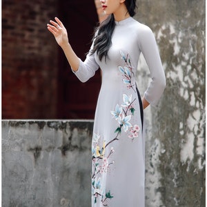 Hand-painted Ao Dai Vietnam, High quality Vietnamese traditional costume, Vietnamese traditional clothing include pants image 2