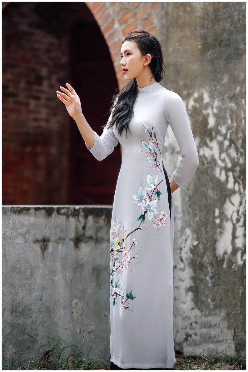 Hand-painted Ao Dai Vietnam, High quality Vietnamese traditional costume, Vietnamese traditional clothing include pants image 2