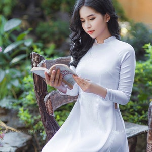 Vietnamese Ao Dai for Women, High quality Ao dai Vietnam, Colors Vietnamese traditional costume include pants White