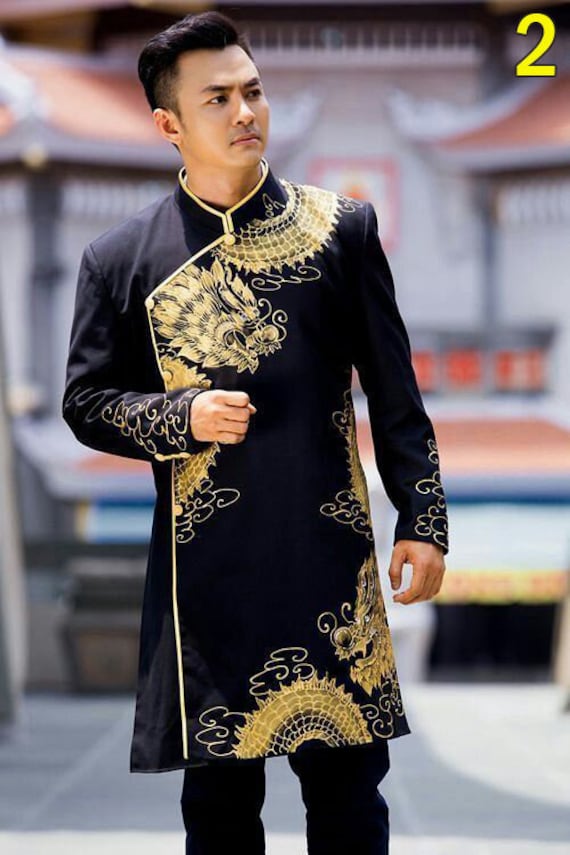 Black Ao Dai Vietnam for Men, Men's Ao Dai With Dragon Drawing