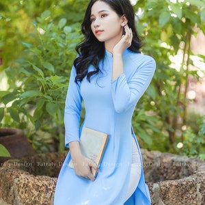 Vietnamese Ao Dai for Women, High quality Ao dai Vietnam, Colors Vietnamese traditional costume include pants Blue