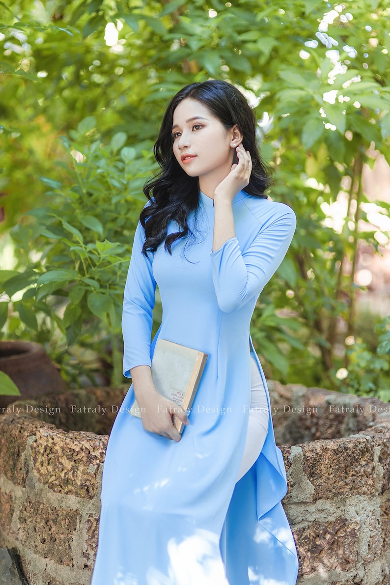 Vietnamese Ao Dai for Women, High quality Ao dai Vietnam, Colors Vietnamese traditional costume include pants Blue