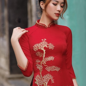 Wedding ao dai, High quality Ao dai Vietnam, handmade Vietnamese traditional costume include pants image 2