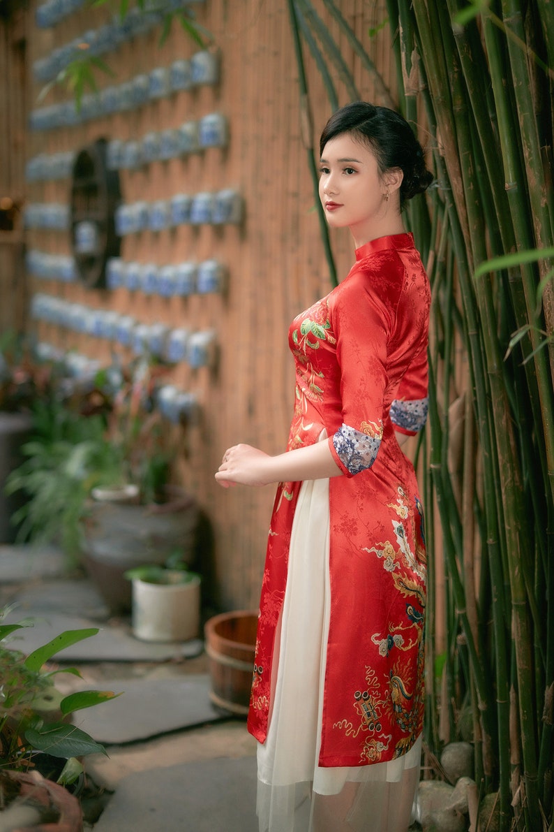 Vietnamese modern ao dai , High quality Vietnamese traditional costume, Vietnamese traditional clothing, include skirts. image 3