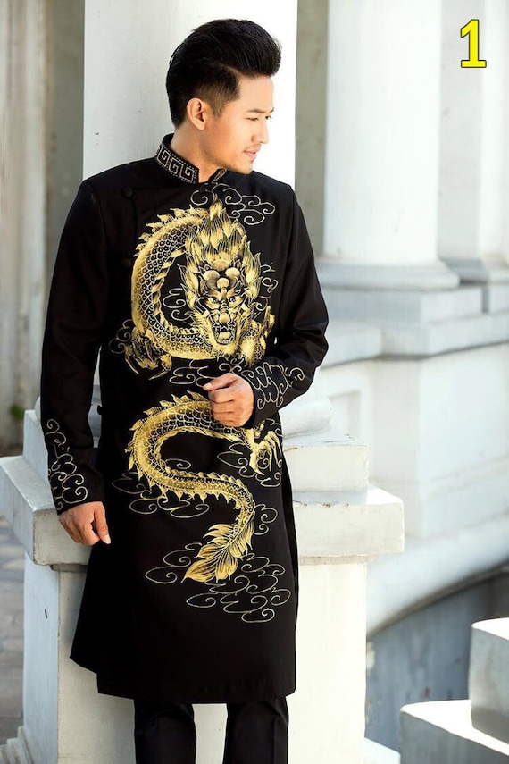 Black Ao Dai Vietnam for Men, Men's Ao Dai With Dragon Drawing, Vietnamese  Traditional Clothing -  Canada