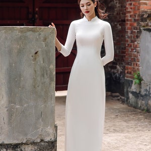 High quality Vietnamese Ao dai white, special Vietnamese Ao Dai trang, include pants Space collar- 2cm