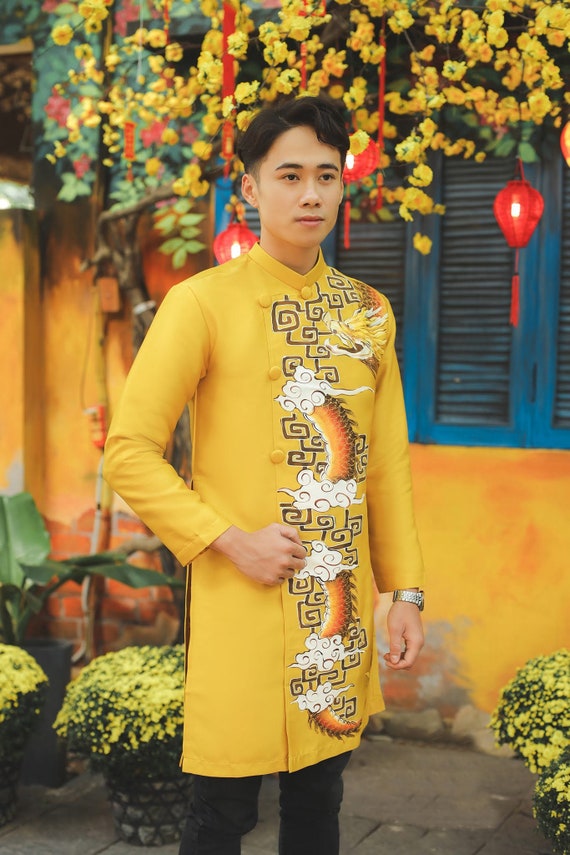 Black Ao Dai Vietnam for Men, Men's Ao Dai With Dragon Drawing, Vietnamese  Traditional Clothing -  Canada