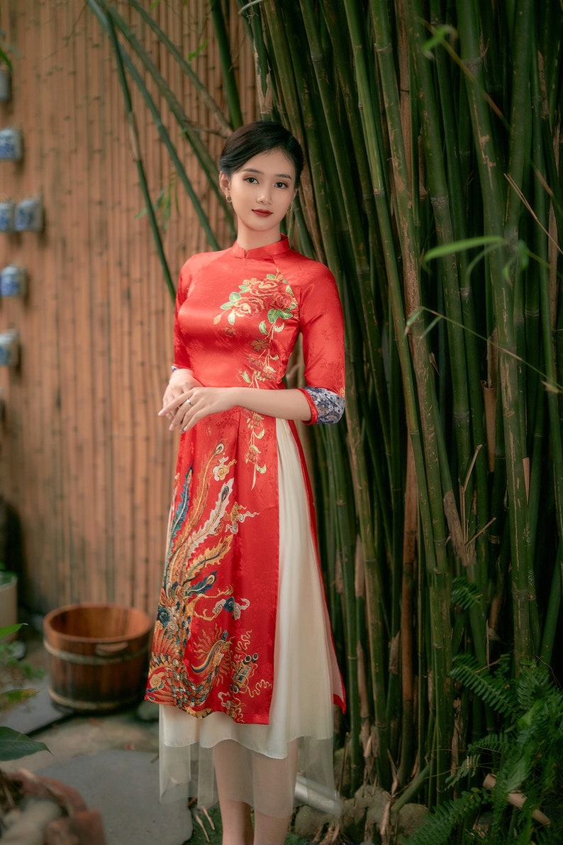 Vietnamese modern ao dai , High quality Vietnamese traditional costume, Vietnamese traditional clothing, include skirts. image 2