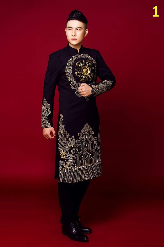 Black Ao Dai Vietnam for Men, High Quality Hand-drawn Vietnamese