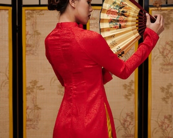 Ao dai Vietnam, Thai Tuan High quality Vietnamese traditional costume, Thai Tuan Silk, Ao dai red, ao dai yellow include pants