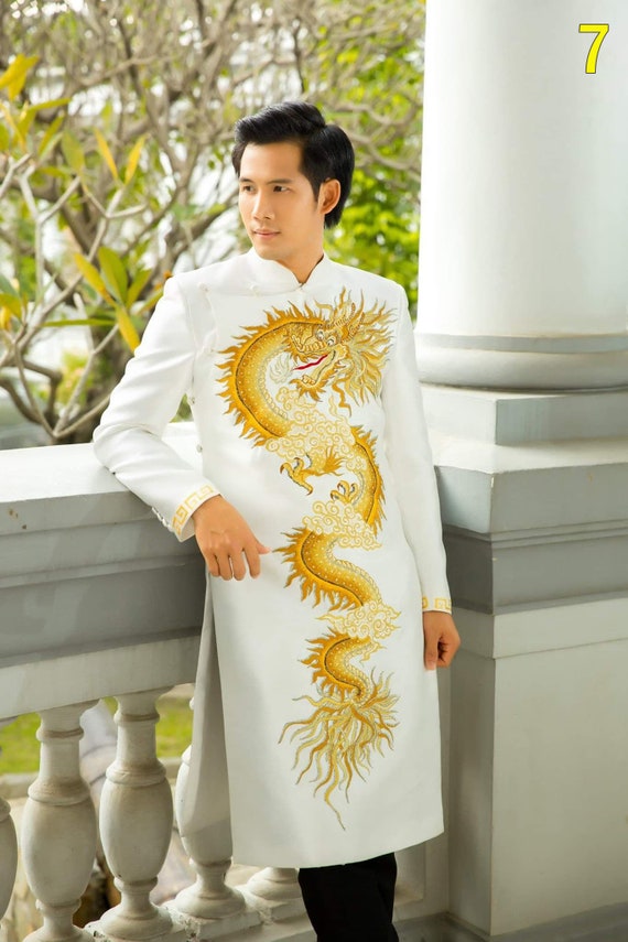 White Ao Dai Vietnam for Men, High Quality Hand-drawn Vietnamese