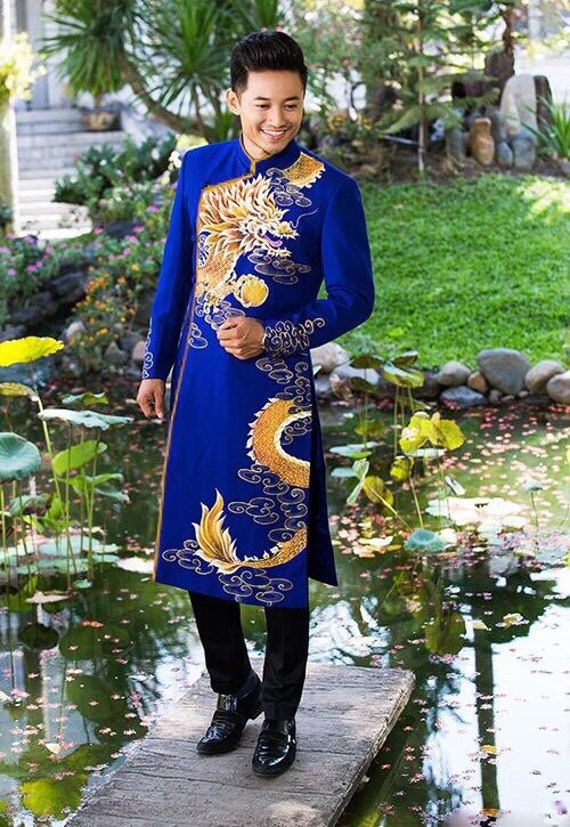 pre-order ) Ao Dai Men , Red Ao Dai Embroidery ADN1